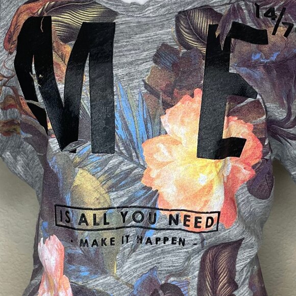Zara Trafaluc S Gray Floral "ME IS ALL YOU NEED" Distressed Cold Shoulder Top Sm - Picture 2 of 11
